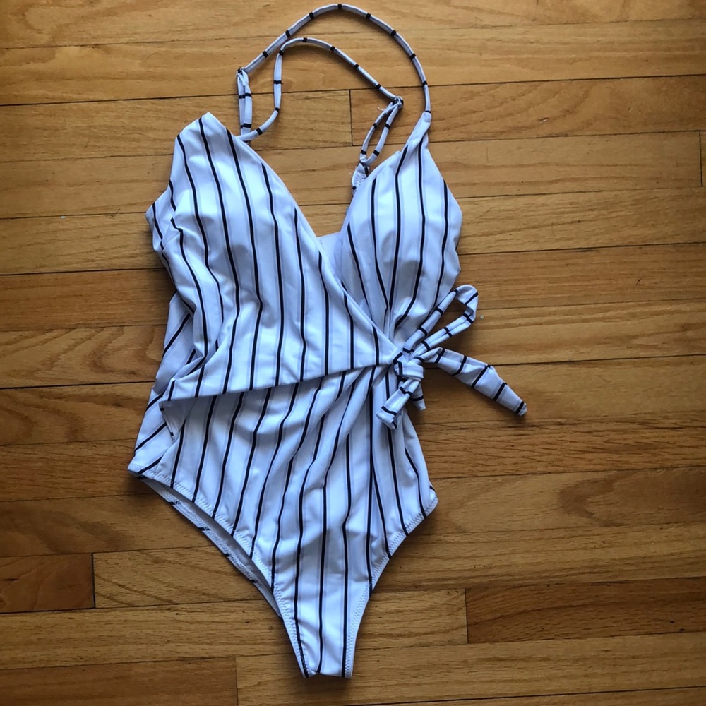 Striped one piece wrap swimsuit